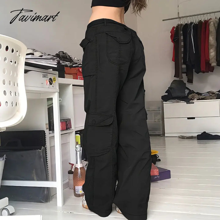 Tavimart Vintage Hippie American Street Style Gray Cargo Pants Women Fashion Jeans Black Casual