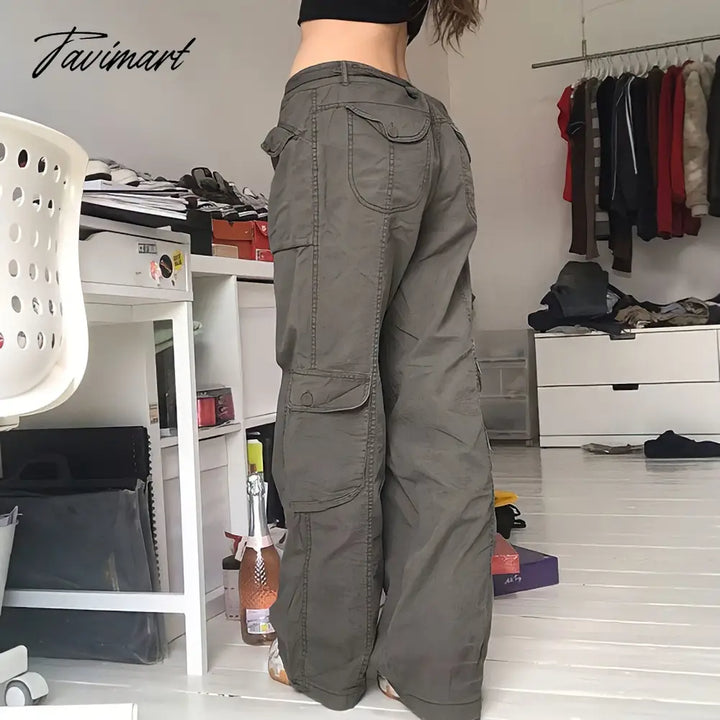 Tavimart Vintage Hippie American Street Style Gray Cargo Pants Women Fashion Jeans Black Casual