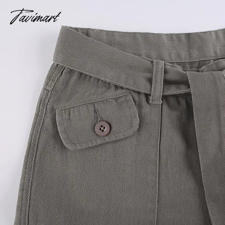 Tavimart Vintage Hippie American Street Style Gray Cargo Pants Women Fashion Jeans Black Casual