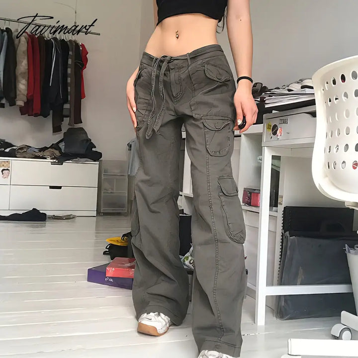 Tavimart Vintage Hippie American Street Style Gray Cargo Pants Women Fashion Jeans Black Casual