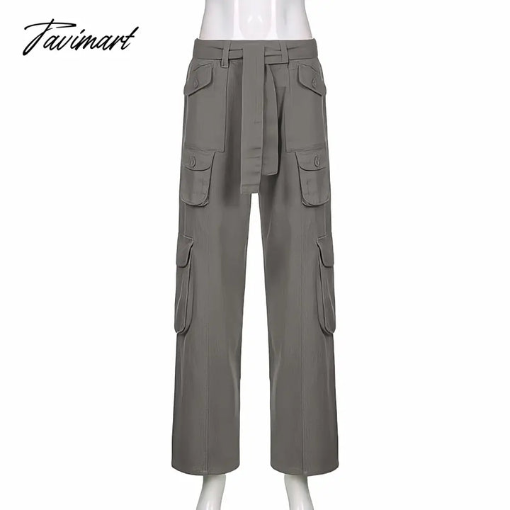 Tavimart Vintage Hippie American Street Style Gray Cargo Pants Women Fashion Jeans Black Casual