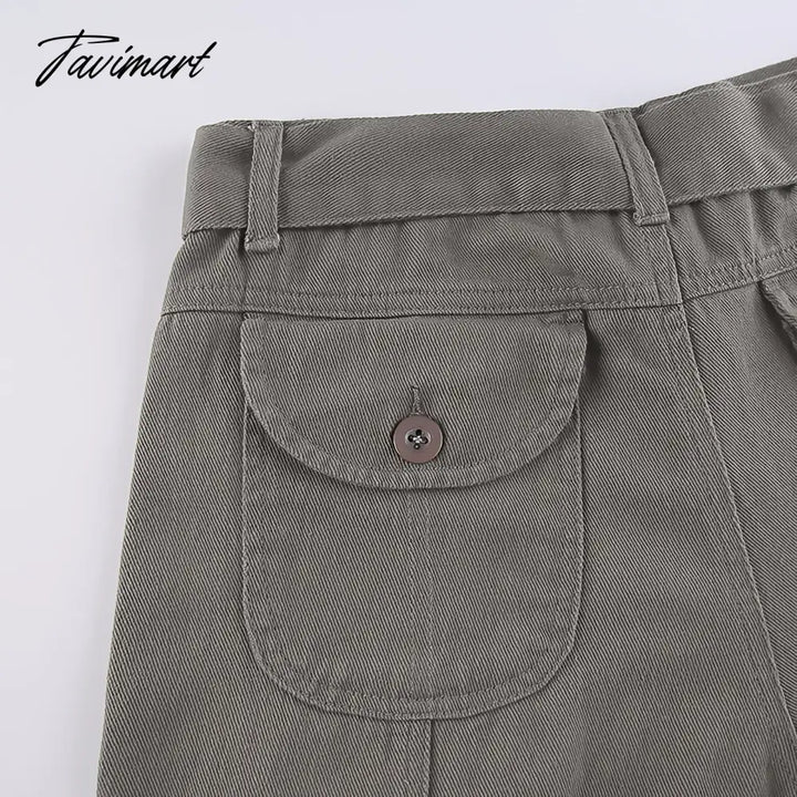 Tavimart Vintage Hippie American Street Style Gray Cargo Pants Women Fashion Jeans Black Casual