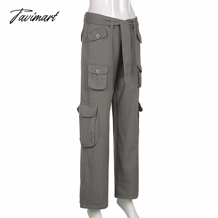 Tavimart Vintage Hippie American Street Style Gray Cargo Pants Women Fashion Jeans Black Casual