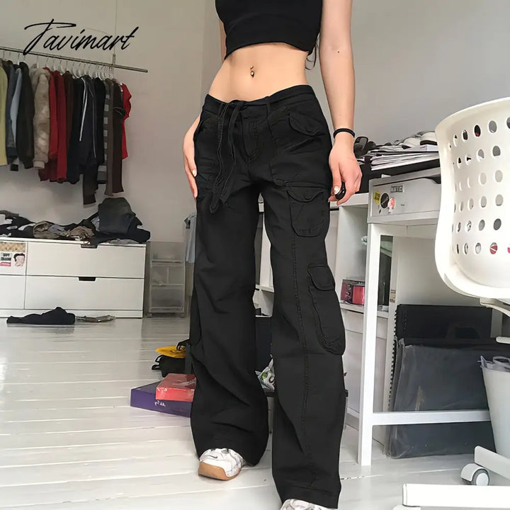 Tavimart Vintage Hippie American Street Style Gray Cargo Pants Women Fashion Jeans Black Casual