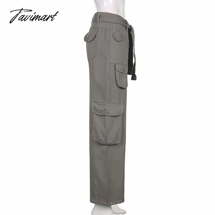 Tavimart Vintage Hippie American Street Style Gray Cargo Pants Women Fashion Jeans Black Casual