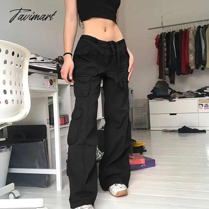 Tavimart Vintage Hippie American Street Style Gray Cargo Pants Women Fashion Jeans Black Casual