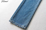 Tavimart Vintage Mom Jeans Women England High Street Washed Blue Chain Waist Straight Denim Pants