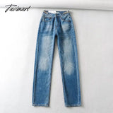 Tavimart Vintage Mom Jeans Women England High Street Washed Blue Chain Waist Straight Denim Pants /
