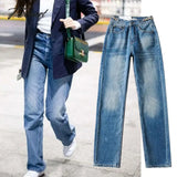 Tavimart Vintage Mom Jeans Women England High Street Washed Blue Chain Waist Straight Denim Pants
