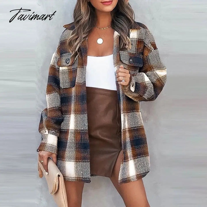 Tavimart Vintage Plaid Printed Women Coat Casual Long Sleeve Lapel Single Breasted Jacket Ladies