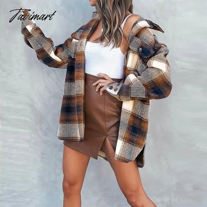 Tavimart Vintage Plaid Printed Women Coat Casual Long Sleeve Lapel Single Breasted Jacket Ladies