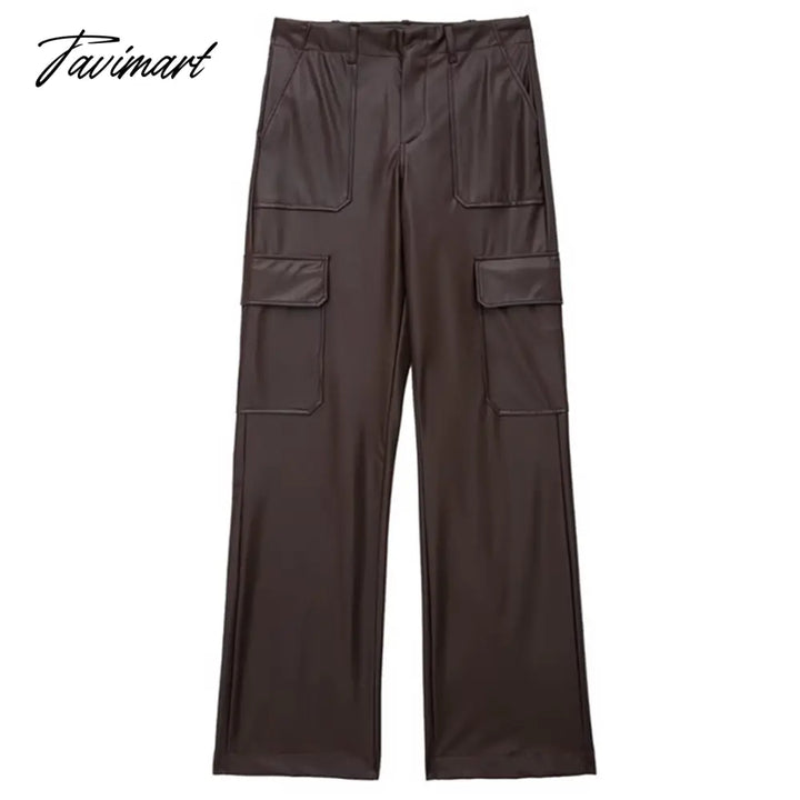 Tavimart Vintage Pockets Casual Trouser Women Of Side Straight Leather Pants
