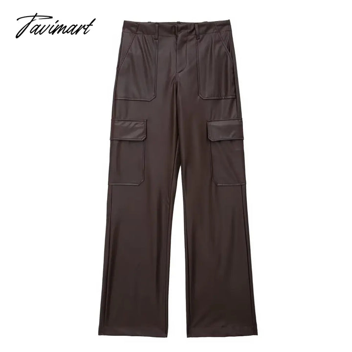 Tavimart Vintage Pockets Casual Trouser Women Of Side Straight Leather Pants Brown / Xs