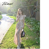 Tavimart - Vintage Print Long Dresses For Women 2024 Summer New Lace-Up Split Elegant Fashion