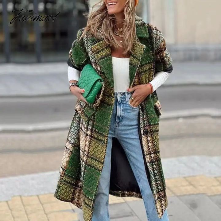 Tavimart Vintage Print Wool Coat Women Winter Casual Long Sleeve Lapel Single Breasted Coats Ladies