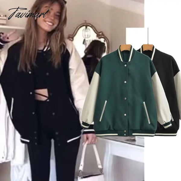 Tavimart Vintage Pu Leather Woole Coat Women Splicing Loose Bomber Jacket