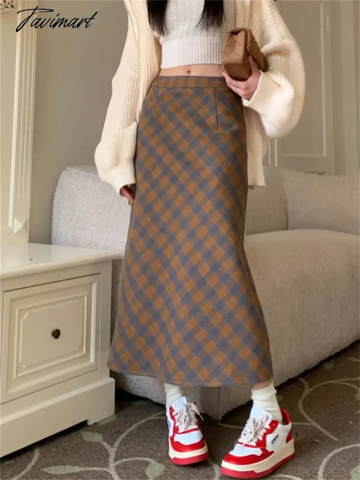 Tavimart - Vintage Slim Long Skirts Women Split Plaid Chic Elegant Ol Daily High Waist Spring