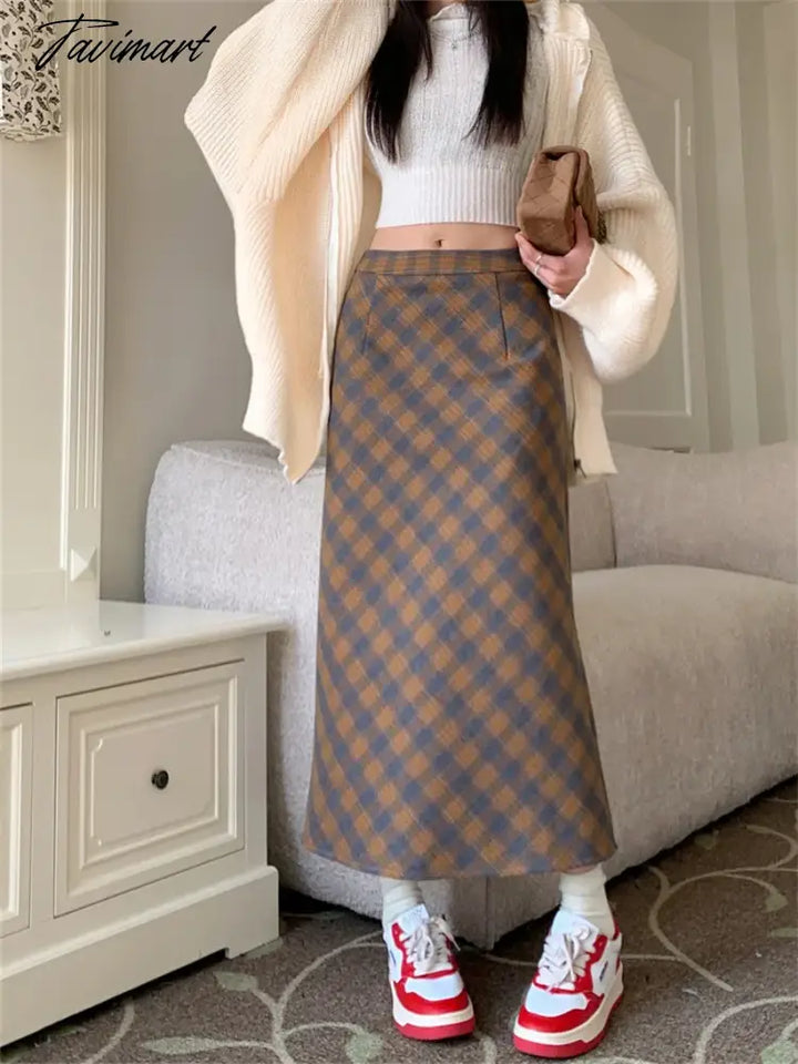 Tavimart - Vintage Slim Long Skirts Women Split Plaid Chic Elegant Ol Daily High Waist Spring