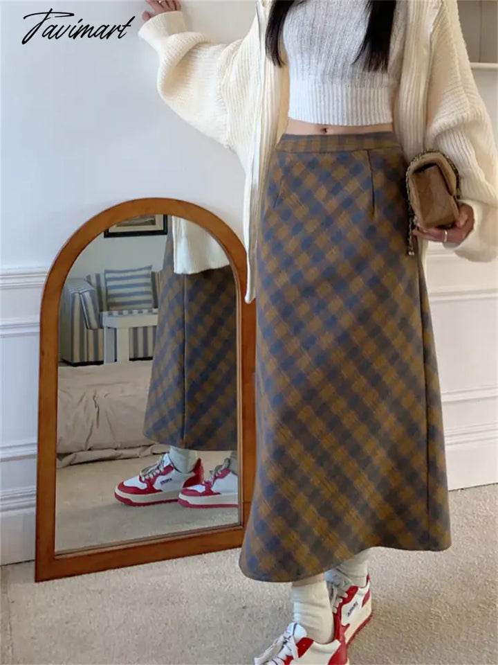 Tavimart - Vintage Slim Long Skirts Women Split Plaid Chic Elegant Ol Daily High Waist Spring