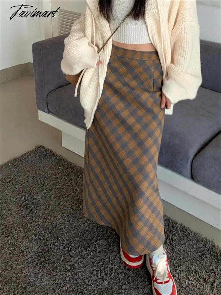 Tavimart - Vintage Slim Long Skirts Women Split Plaid Chic Elegant Ol Daily High Waist Spring