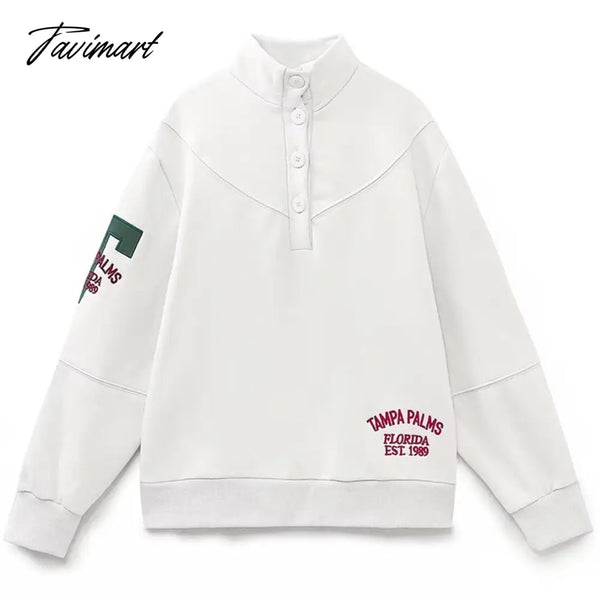 Tavimart Vintage Turtleneck Letter Embroidery White Pullovers Sweatshirts Plush Women Tops