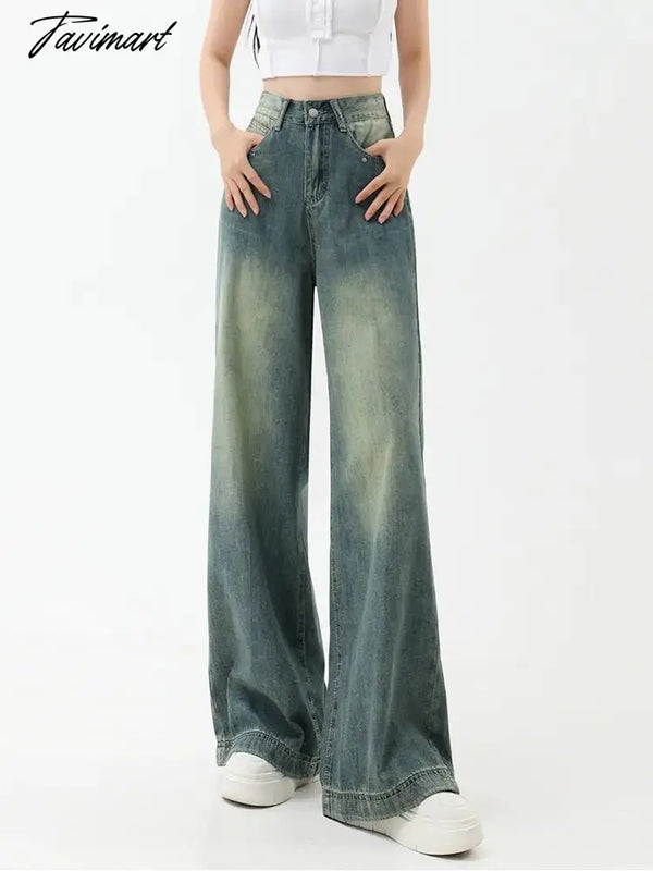 Tavimart Vintage Wide Leg Jeans Women American Street Retro Loose Casual Denim Trousers Female