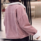 Tavimart Vintage Women Corduroy Parkas Pink Winter Thick Warm Hairy Short Jacket Loose All Match