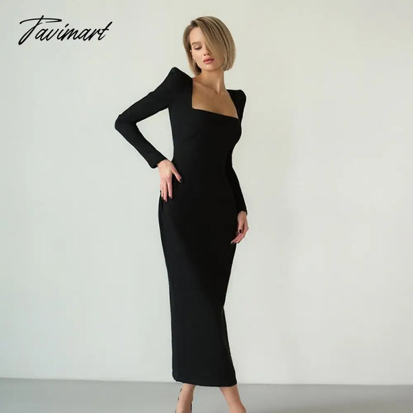 Tavimart Vintage Women’s Cotton Dresses Square Collar French Elegant Autumn Winter Solid Black