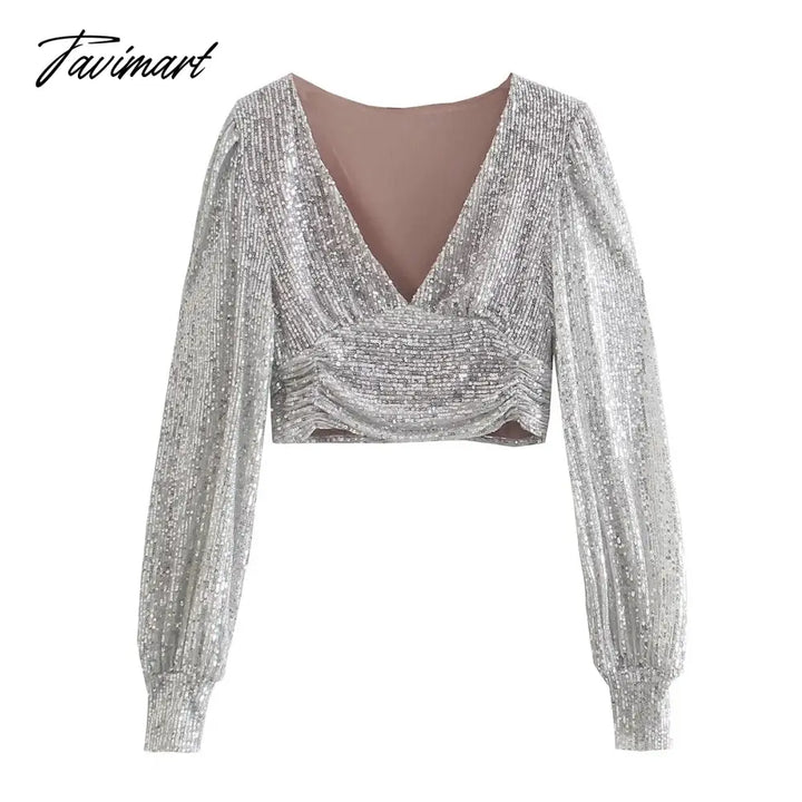 Tavimart Vneck Blusas Long Sleeve Short Shirt Women Blouse Ins Fashion Blogger England Style