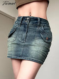 Tavimart Washed Denim Skirts For Women Vintage Pocket Stitching A - Line Mini Skirt Ladies Slim Fit