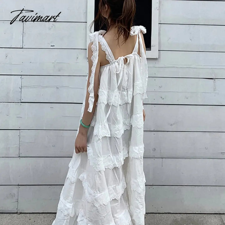 Tavimart White Boho Dress Solid Cotton Strap Summer Dresses Sexy Sleeveless Lace Beach Wear Hippie