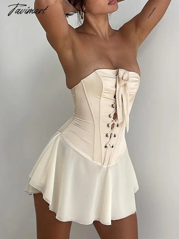 Tavimart White Chiffon Strapless Backless Sexy Dress Women Bandage Bodycon Mini Summer Elegant