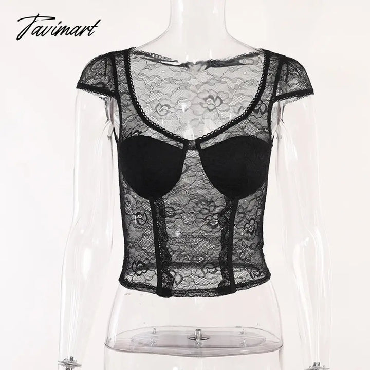 Tavimart White Crop Top Lace Tops For Women See Through Emo Clothes Shirts Sexy Backless Hollow Out