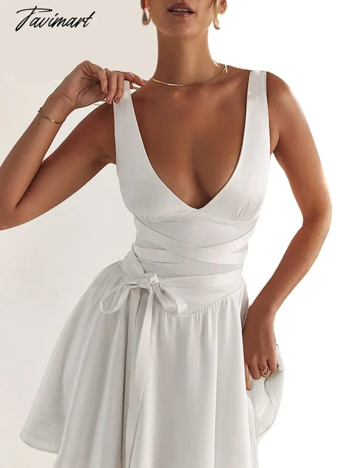 Tavimart White Dress Women’s Solid Satin A - Line Mini Autumn Elegant Slim V - Neck High Waist