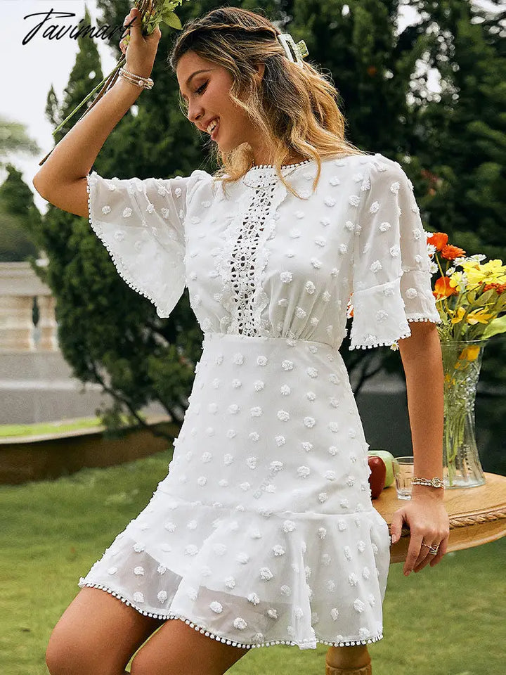 Tavimart White Elegant Lace Tunic Solid Ruffle Skirt New Summer Women Clotheing Sexy Hollow Crochet