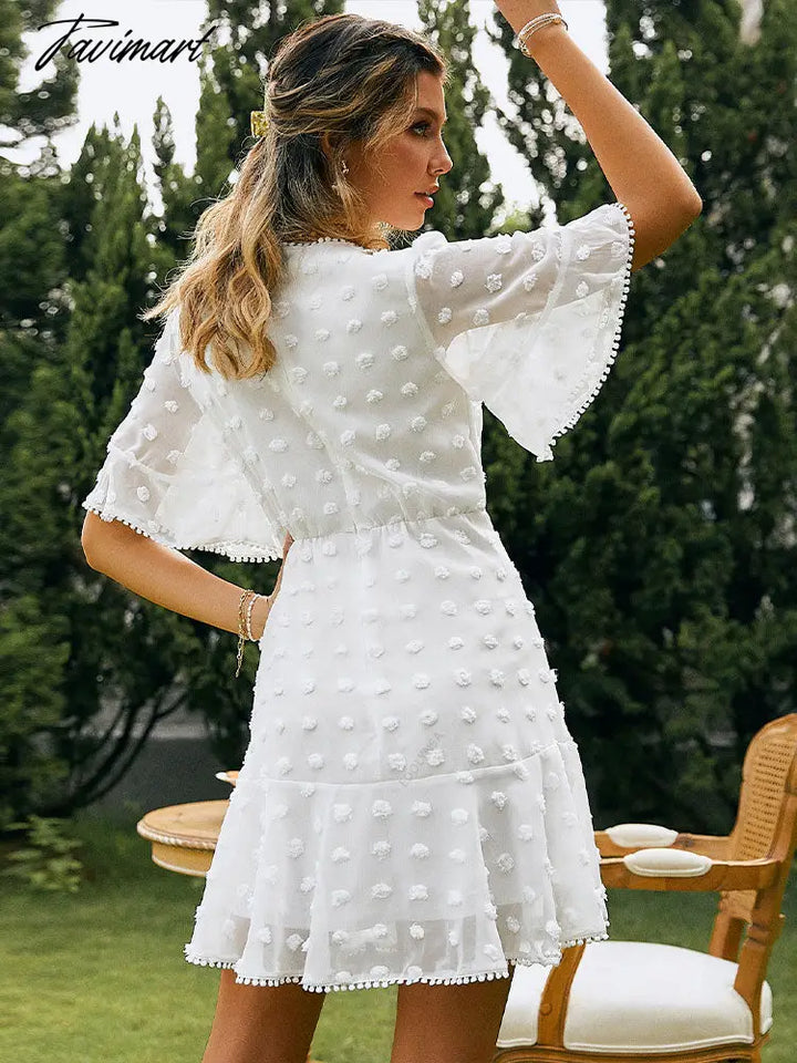 Tavimart White Elegant Lace Tunic Solid Ruffle Skirt New Summer Women Clotheing Sexy Hollow Crochet