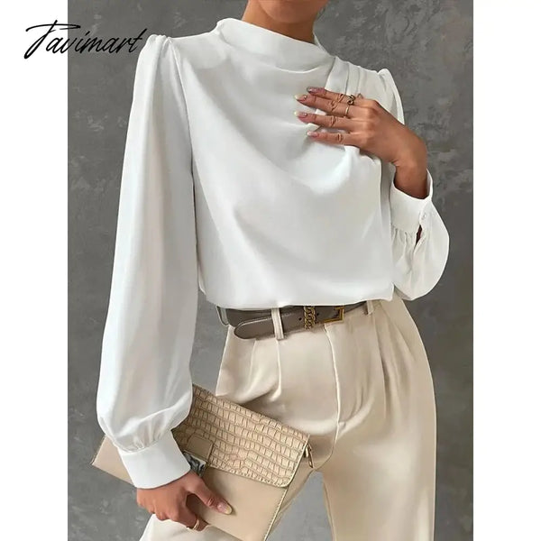 Tavimart White Long Puff Sleeves High Neck Blouses For Office Lady Urban Women’s New Stylish