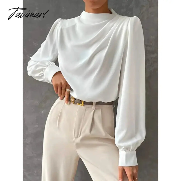 Tavimart White Long Puff Sleeves High Neck Blouses For Office Lady Urban Women’s New Stylish