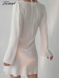 Tavimart White Party Dress A Line Sexy Lace Up Fashion Elegant Female Clothing Long Sleeve V Neck