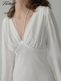 Tavimart White Party Dress A Line Sexy Lace Up Fashion Elegant Female Clothing Long Sleeve V Neck