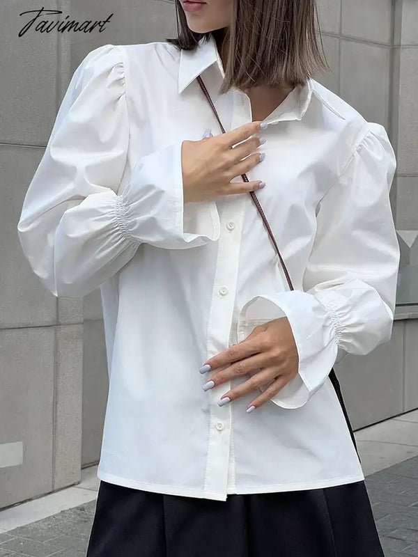 Tavimart White Shirt Women Elegant Lapel Puff Sleeve Blouses Autumn Female Casual Loose Ruched Tops