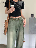 Tavimart Wide Leg Denim Trousers Vintage Green Jeans Women Summer Korean Fashion Vibe Style Y2K