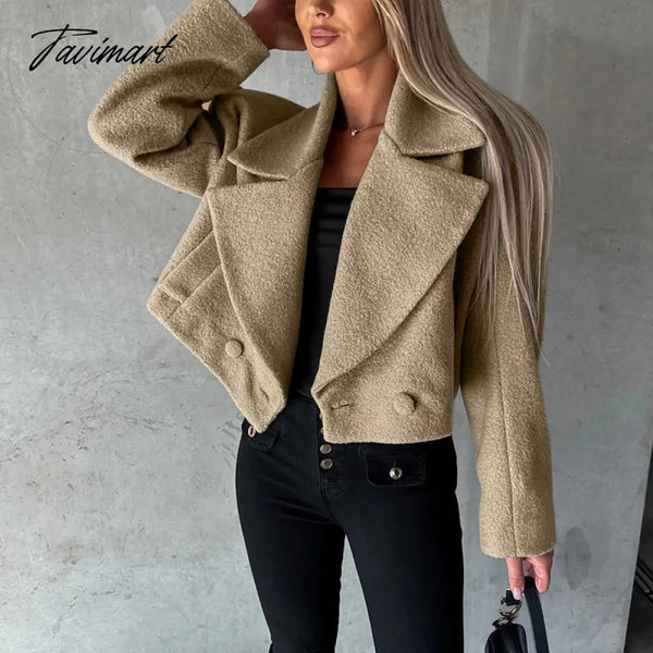 Tavimart Winter Elegant Button Solid Office Outwear Trend Wool Turn - Down Collar Coats Autumn