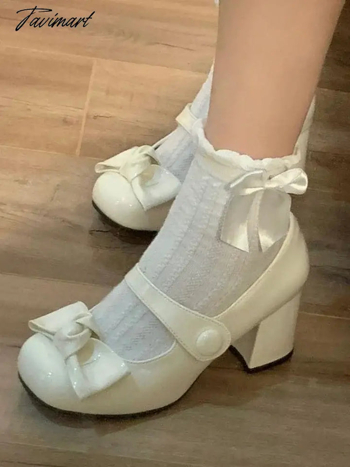 Tavimart Winter French Elegant Sandals Women Bow Designer Sweet Medium Heels Shoes Female Korean