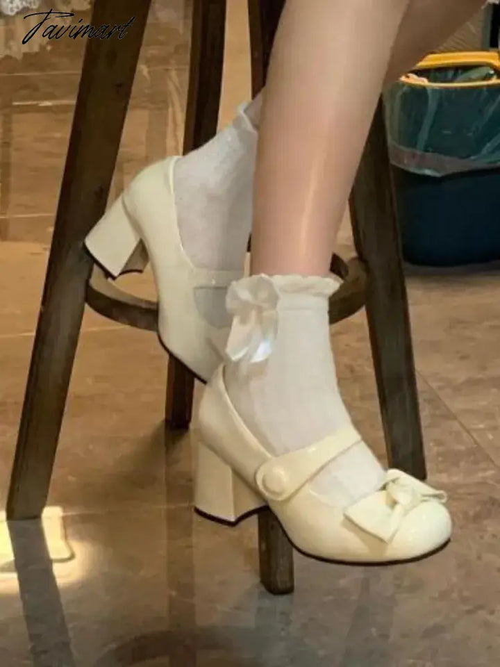 Tavimart Winter French Elegant Sandals Women Bow Designer Sweet Medium Heels Shoes Female Korean
