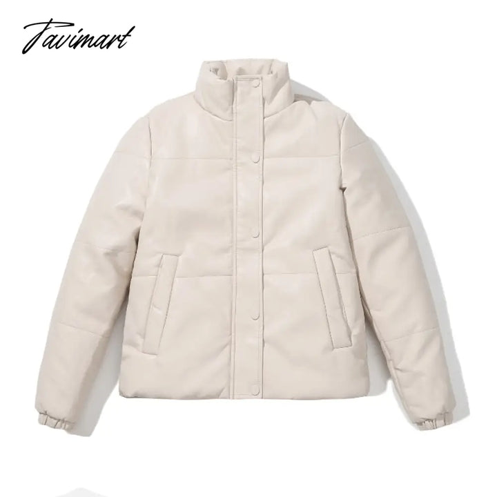 Tavimart Winter Jacket Women Super Hot Fashion Stand Collar Short Parkas Pu Warm Casual Thick Coats