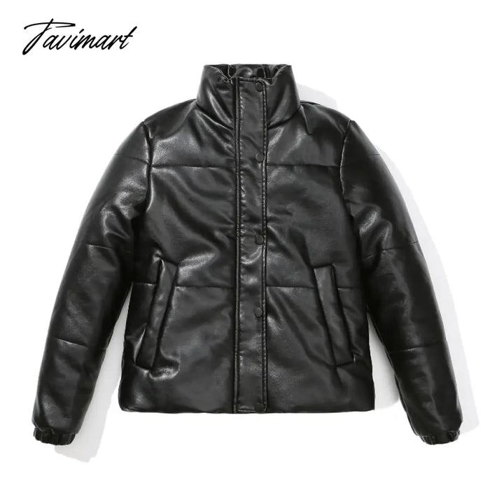 Tavimart Winter Jacket Women Super Hot Fashion Stand Collar Short Parkas Pu Warm Casual Thick Coats