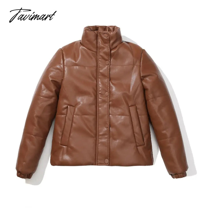 Tavimart Winter Jacket Women Super Hot Fashion Stand Collar Short Parkas Pu Warm Casual Thick Coats