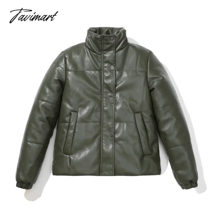 Tavimart Winter Jacket Women Super Hot Fashion Stand Collar Short Parkas Pu Warm Casual Thick Coats