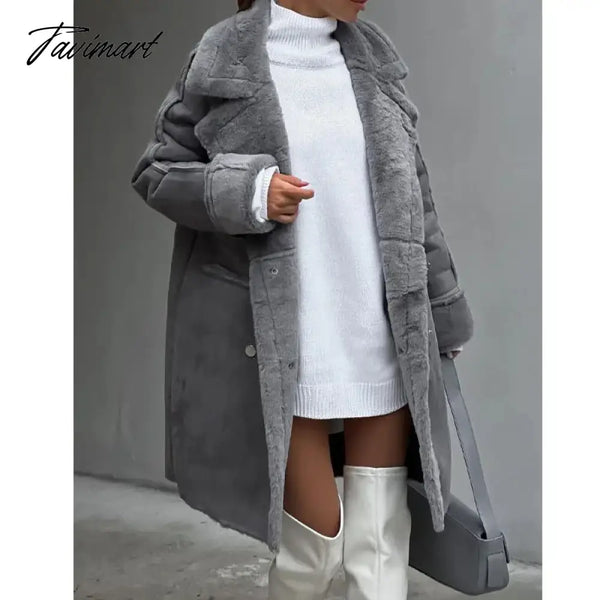 Tavimart Winter New Furry Suede Coat Suit Collar Long Cardigan Sleeve Plush Jacket Vestidos